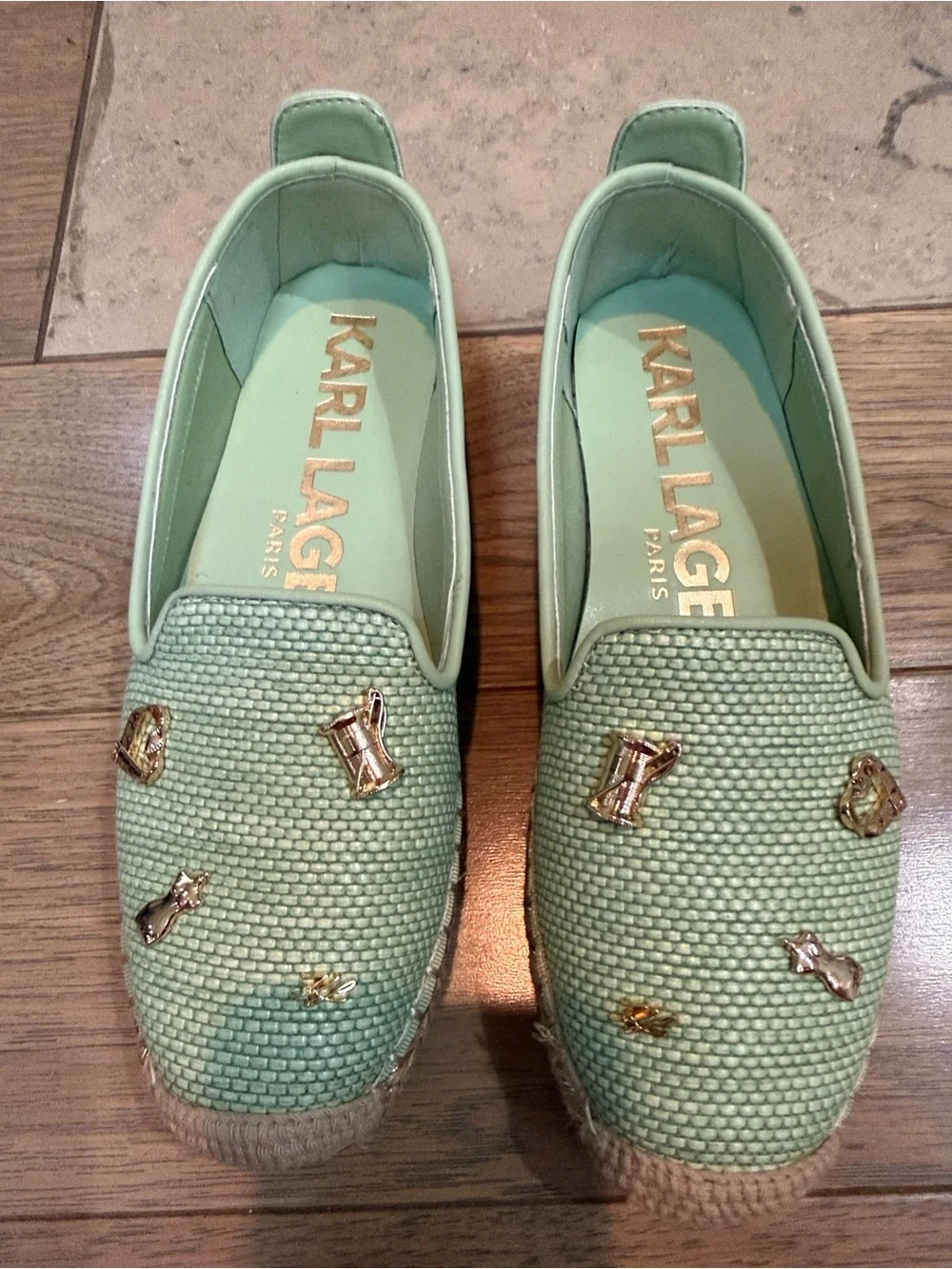 Karl Lagerfeld Mint Espadrille Slip-On Flats with Gold Accents